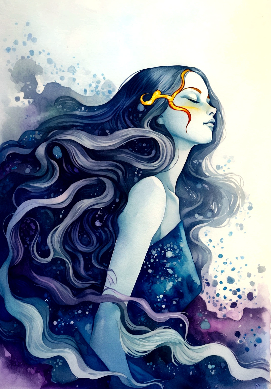a painting of a woman with long hair and a blue dress, a watercolor painting by Anna Dittmann, tumblr, metaphysical painting, in style of anna dittmann, a beautiful artwork illustration, charlie bowater art style, jen bartel, artistic illustration, beautiful illustration, style of charlie bowater, watercolor detailed art, anna dittman, exquisite digital illustration