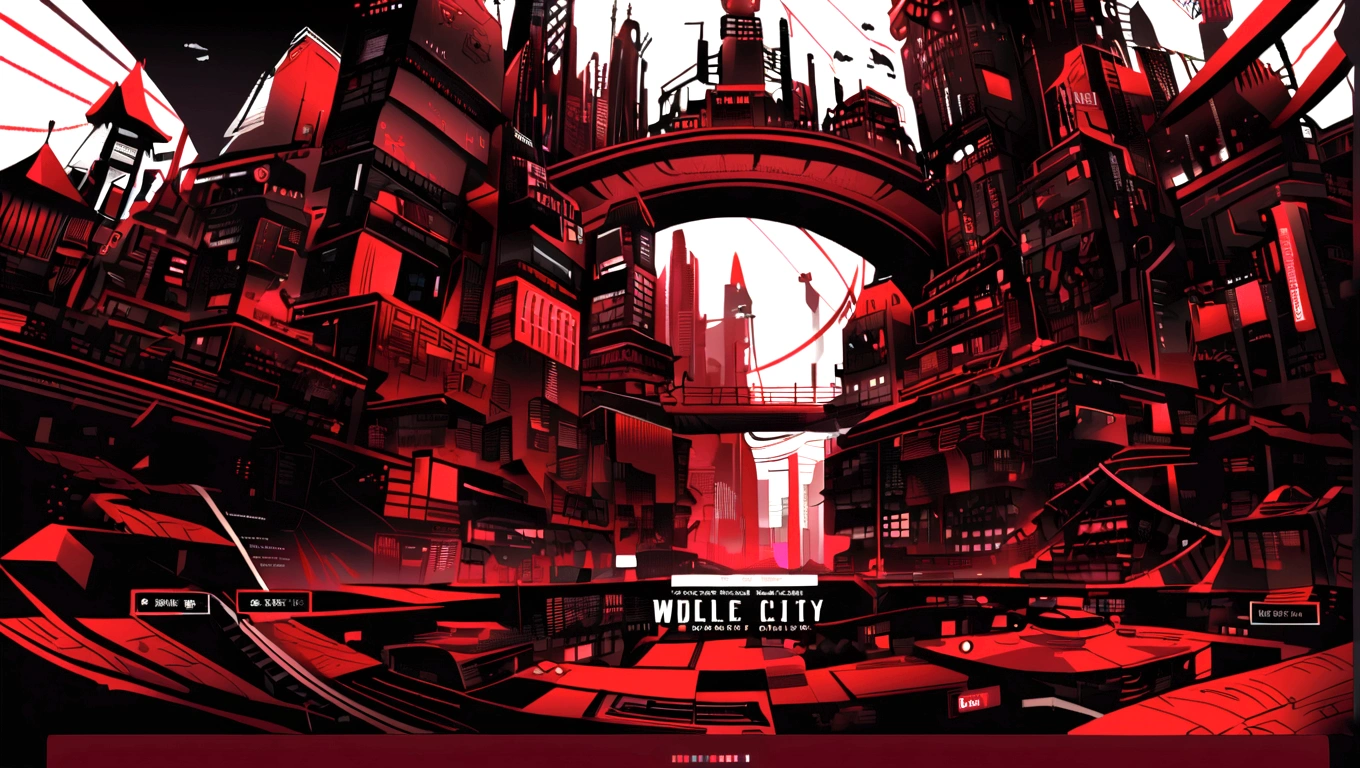 dark red and other contrast color hero page ui ux theme website, contrast colors (mostly dark red) theme, robotic city black and white silhouette