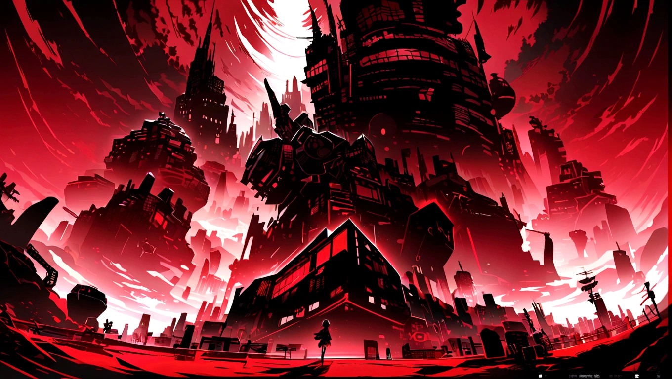 dark red and other contrast color hero page ui ux theme website, contrast colors (mostly dark red) theme, robotic city black and white silhouette