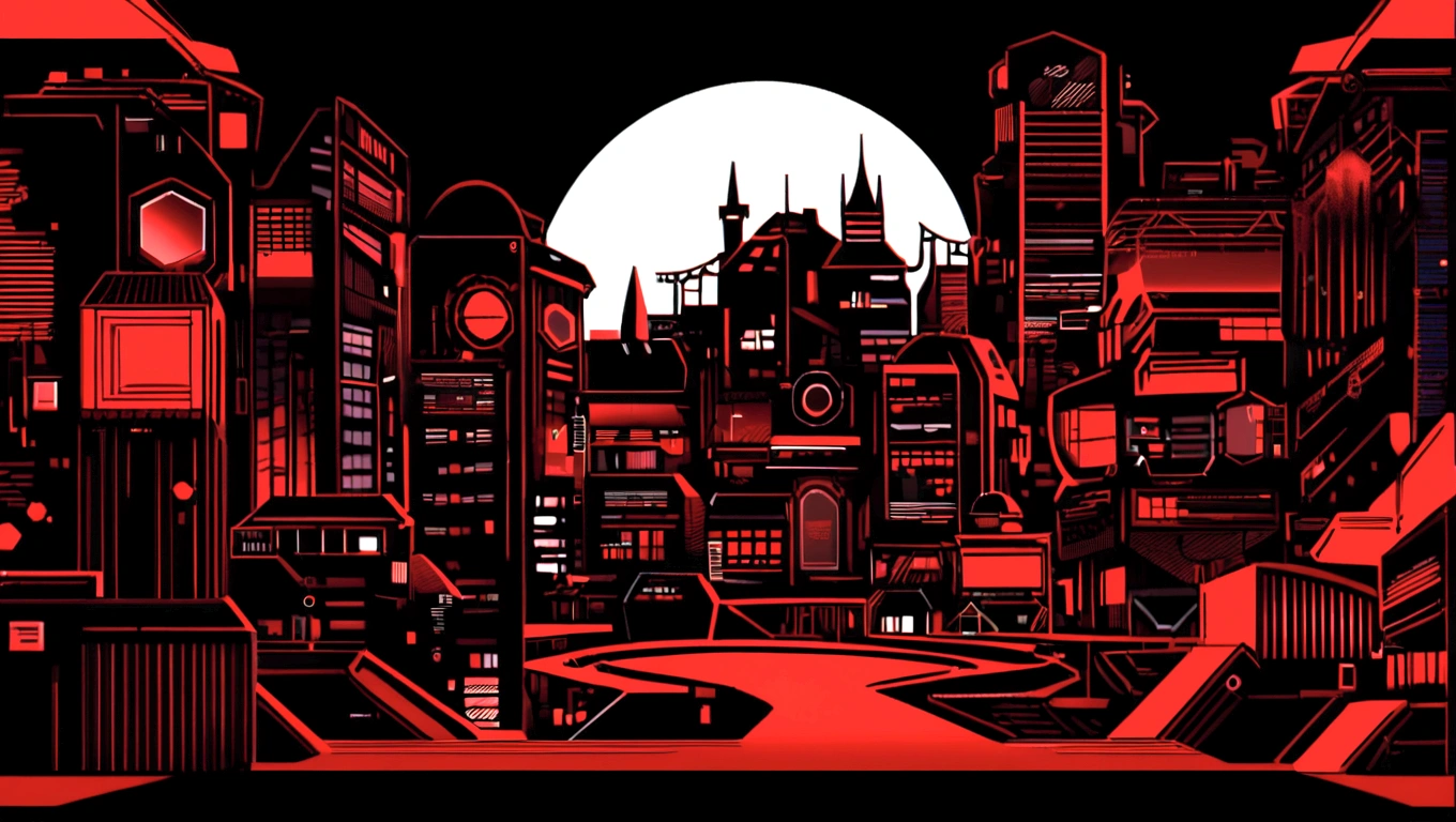 dark red and other contrast color hero page ui ux theme website, contrast colors (mostly dark red) theme, robotic city black and white silhouette