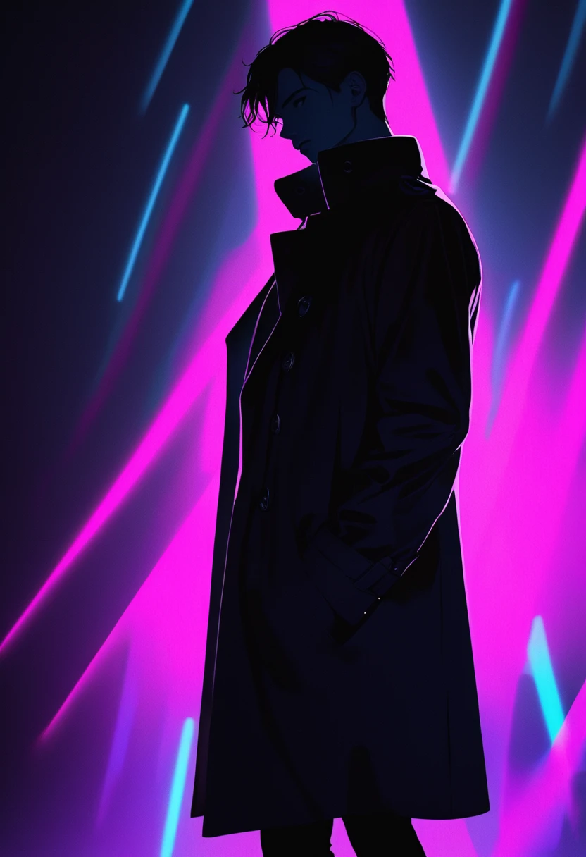 Attractive silhouette of man in black trench coat, Sexy pose audience, Perfect silhouette, Bold and attractive, BREAK Perfect silhouette, Clear outlines of flashing neon lights, Soft neon lights, Realistic black light, The background is completely black,