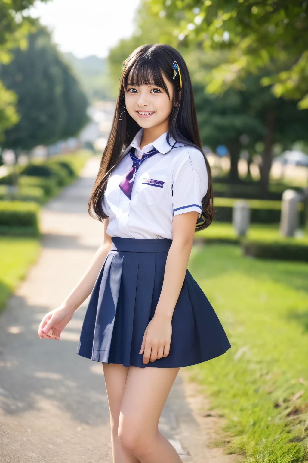 (((masterpiece))),  (Beautiful Japanese Girl, Classmate, Landscape and innocence，cute) ，Ultra-high resolution, Realistic, Ultra-detailed, 8K,Highest quality, Very detailed, Detailed Background,Slender,とてもBeautiful Japanese Girl, Detailed face:1.3), Full-body display，(Short ponytail，Black Hair :1.4), (Baby Face，cute系,Adorable 12 year old girl), (Perfect body:1.1),  (school uniform，mini skirt、Sweating、Small white panties), The best smile,非常にDetailed face、Beautiful thighs，Detailed lips、Detailed eyes、 gravure idol，Clear Skin，Crouching，Girl&#39;s Room