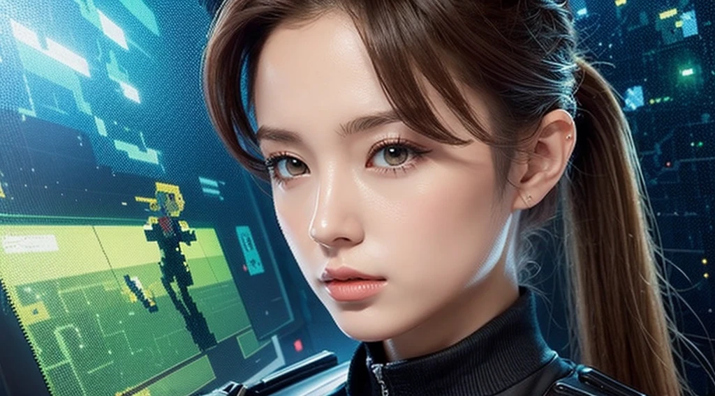 Pixel Games,Sci-fi scene,Twin ponytail girl,close up,Pixel Art #Pixel Art