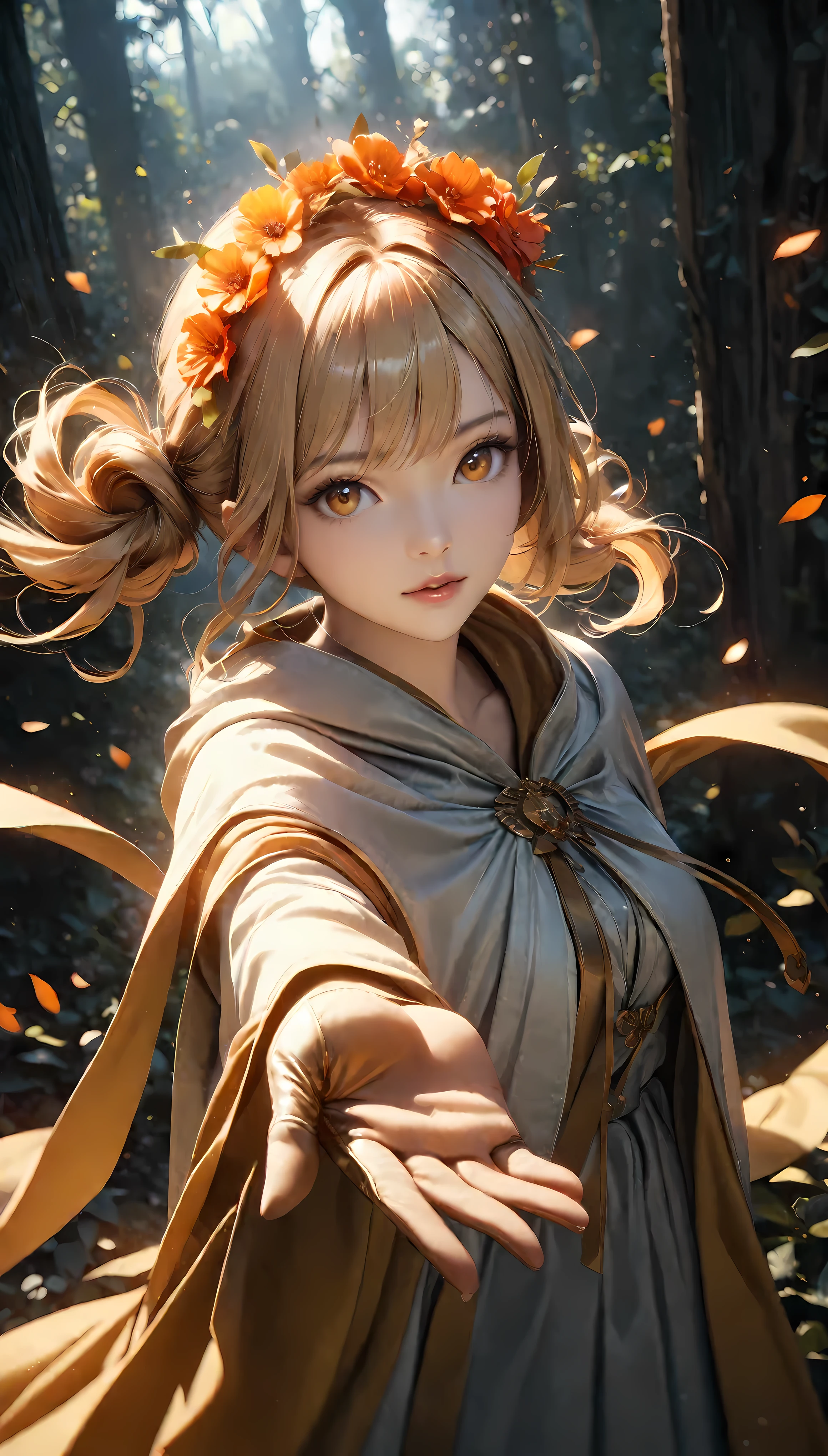 ((Masterpiece in maximum 16K resolution):1.6),((soft_color_photograpy:)1.5), ((Ultra-Detailed):1.4),((Movie-like still images and dynamic angles):1.3). | (cinematic photo of beautiful female with twin tail hairstyle), (pretty blonde hair), (beautiful female with fancy hand gloves), (focus on the twin tail hairstyle), (cinematic style), (maiden robe), (flower crown), (serene atmosphere), (shimmer), (aesthetic background), (visual experience),(Realism), (Realistic),award-winning graphics, dark shot, film grain, extremely detailed, Digital Art, rtx, Unreal Engine, scene concept anti glare effect, All captured with sharp focus. | Rendered in ultra-high definition with UHD and retina quality, this masterpiece ensures anatomical correctness and textured skin with super detail. With a focus on high quality and accuracy, this award-winning portrayal captures every nuance in stunning 16k resolution, immersing viewers in its lifelike depiction. | ((perfect_composition, perfect_design, perfect_layout, perfect_detail, ultra_detailed)), ((enhance_all, fix_everything)), More Detail, Enhance.