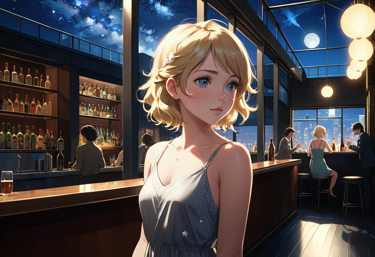 Uses Makoto Shinkai'The depiction is perfect,Portrait of Sydney Sweeney,8k 4k masterpiece photo ,tokyo,Glass ceiling jazz bar,I can see the twinkling stars through the glass window.,that'Outside in the dark night,Jazz is playing,Small profile,Beautiful profile,Calm expression,Semi-long hair,Blonde,Look in another direction instead of this way,Standing alone at the counter,Silver tank top dress,Bust is big