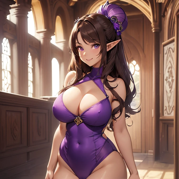 (absurdres, best high quality image, carefuly detailed features and textures, very detailed image, solo character alone, back view): {{(1character: 900 years old elf noble mature beautiful milf), (dark brown short spiky hair with ahoge, fair skin, purple eyes, brown eyebrows, absolute feminine elder beauty, beautiful and sexy features, huge breasts, tall voluptuous body, beautiful arms, beautiful legs, short pointy ears, beautiful hips, giant butt), (Purple one-piece swimsuit), (cheerful smile, cheerful face, cheerful expression, happy personality, toying and playful demeanor, confident pose, friendly), (spanking her own booty at dannish viking castle interior hall)}}