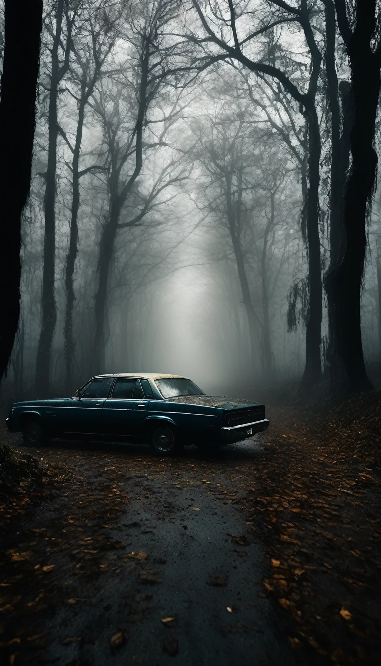 Inside the car, the car interior remains dimly lit, with the foggy forest road and twisted trees visible through the windows. Cinematic, high contrast, spooky.