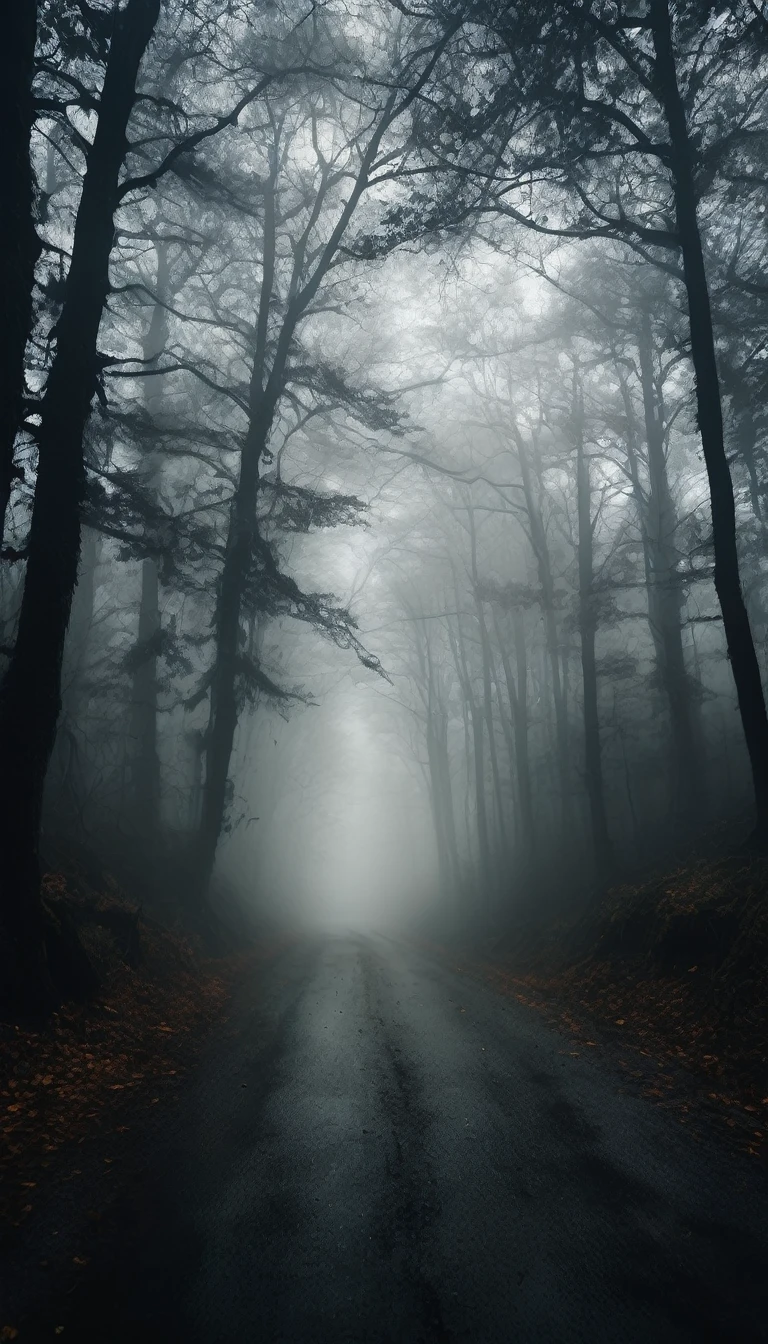 Inside the car, the car interior remains dimly lit, with the foggy forest road and twisted trees visible through the windows. Cinematic, high contrast, spooky.