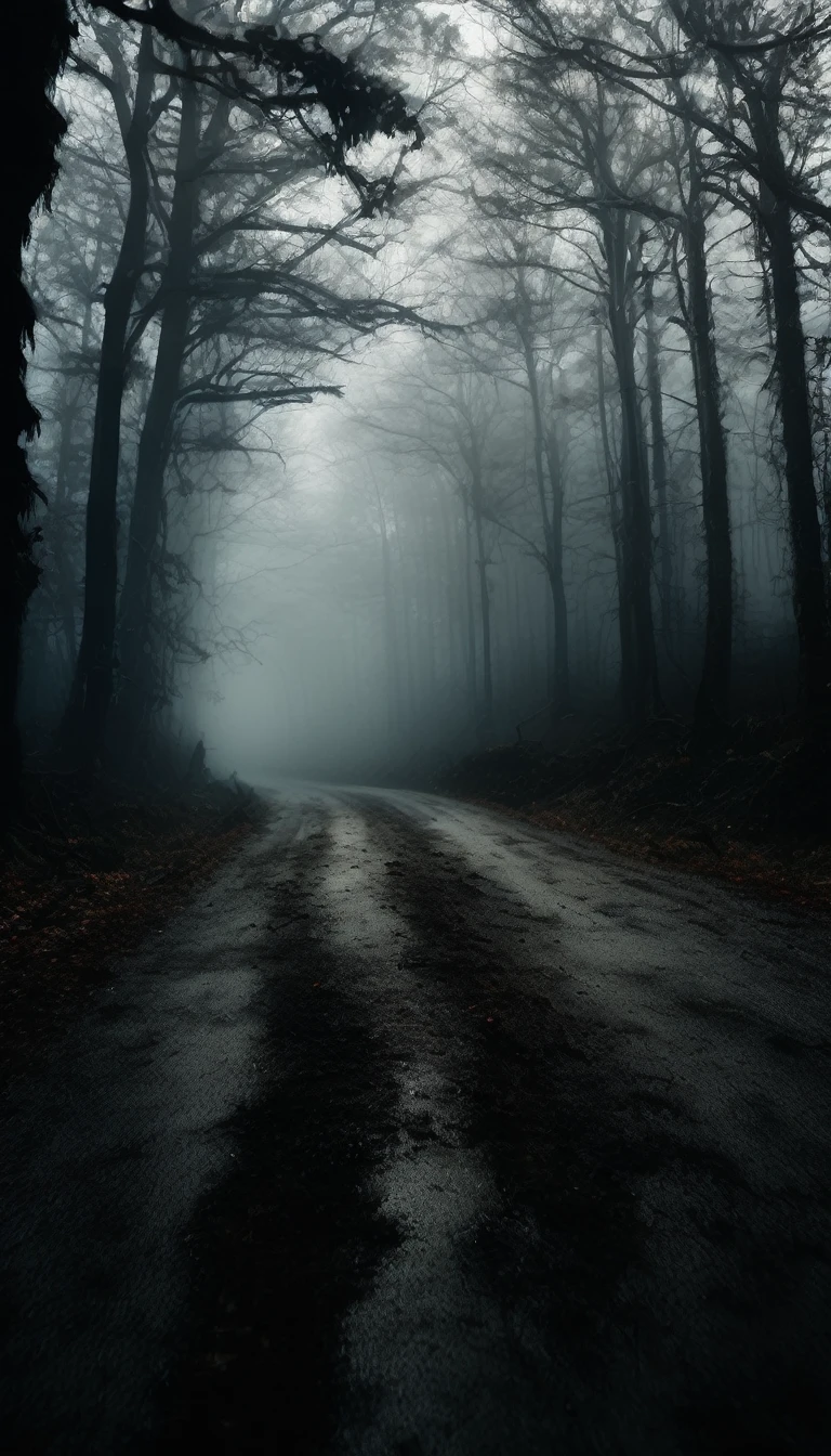 Inside the car, the car interior remains dimly lit, with the foggy forest road and twisted trees visible through the windows. Cinematic, high contrast, spooky.