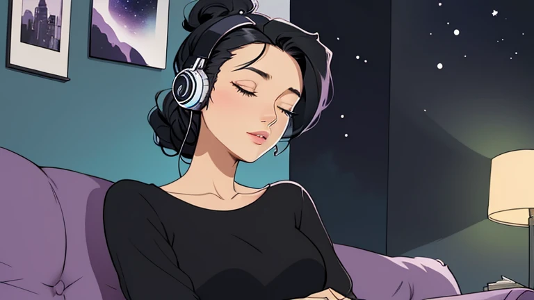 Beautiful woman in her 30s with black hair up is sitting with headphones on the sofa. Stylish living room, Looking down, eyes closed, LOFI girl, alone in the room, blouse, relaxing mood, cozy, only five fingers, Colorful wall, Well-proportioned face, Late night, night sky, book