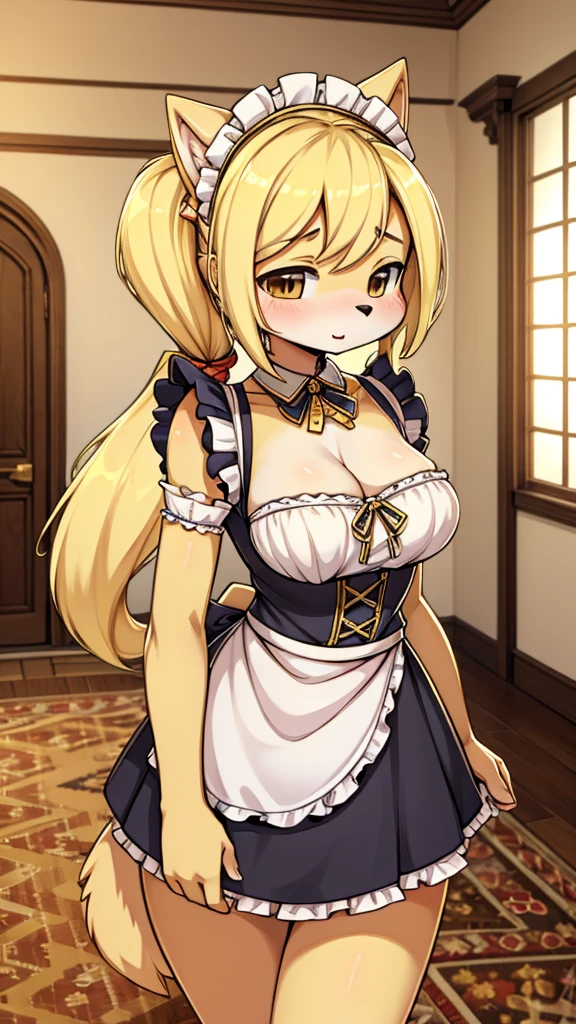 Dog Girl,Maid costume,Anthropomorphic Labrador,Anthropomorphic Golden Retriever,全身Blonde hair,Blonde hair,全身Blonde hair,Gentle temperament,hairy,hairy,hairy,hairy,hairy,furry,furry,furry,furry,furry girl,cute温柔,Indoor background,Mansion Background,Hall background,Low Ponytail,Low Ponytail,Folded dog ears,Folded dog ears,Folded ears with big ears,hairy耳朵,cute