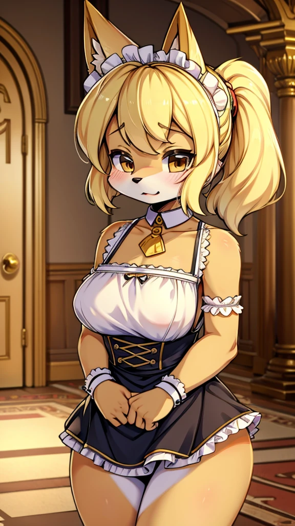 Dog Girl，Maid costume，Anthropomorphic Labrador，Anthropomorphic Golden Retriever，全身Blonde hair，Blonde hair，全身Blonde hair，Gentle temperament，hairy，hairy，hairy，hairy，hairy，furry，furry，furry，furry，furry girl，cute温柔，Indoor background，Mansion Background，Hall background，Low Ponytail，Low Ponytail，Folded dog ears，Folded dog ears，Folded ears with big ears，hairy耳朵，cute