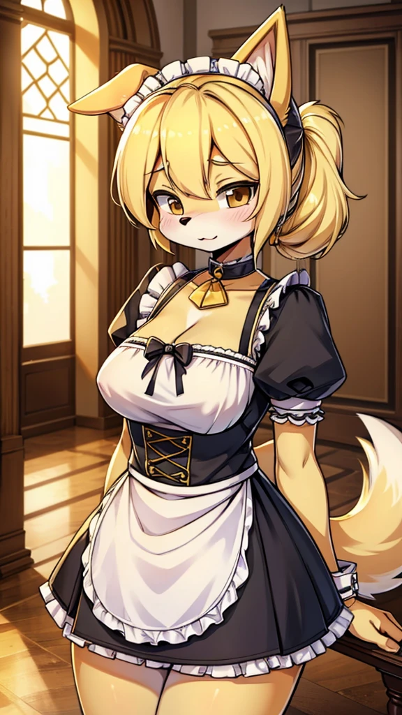 Dog Girl，Maid costume，Anthropomorphic Labrador，Anthropomorphic Golden Retriever，全身Blonde hair，Blonde hair，全身Blonde hair，Gentle temperament，hairy，hairy，hairy，hairy，hairy，furry，furry，furry，furry，furry girl，cute温柔，Indoor background，Mansion Background，Hall background，Low Ponytail，Low Ponytail，Folded dog ears，Folded dog ears，Folded ears with big ears，hairy耳朵，cute