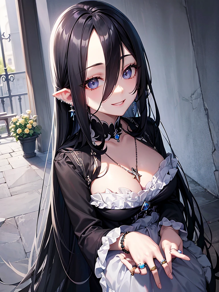 Long black hair、Hairstyle Half Up、black eye、woman、Face close-up、smile、Castle Garden、Pale Blue Dress、Earrings、necklace、bracelet、ring、Decorations、Light