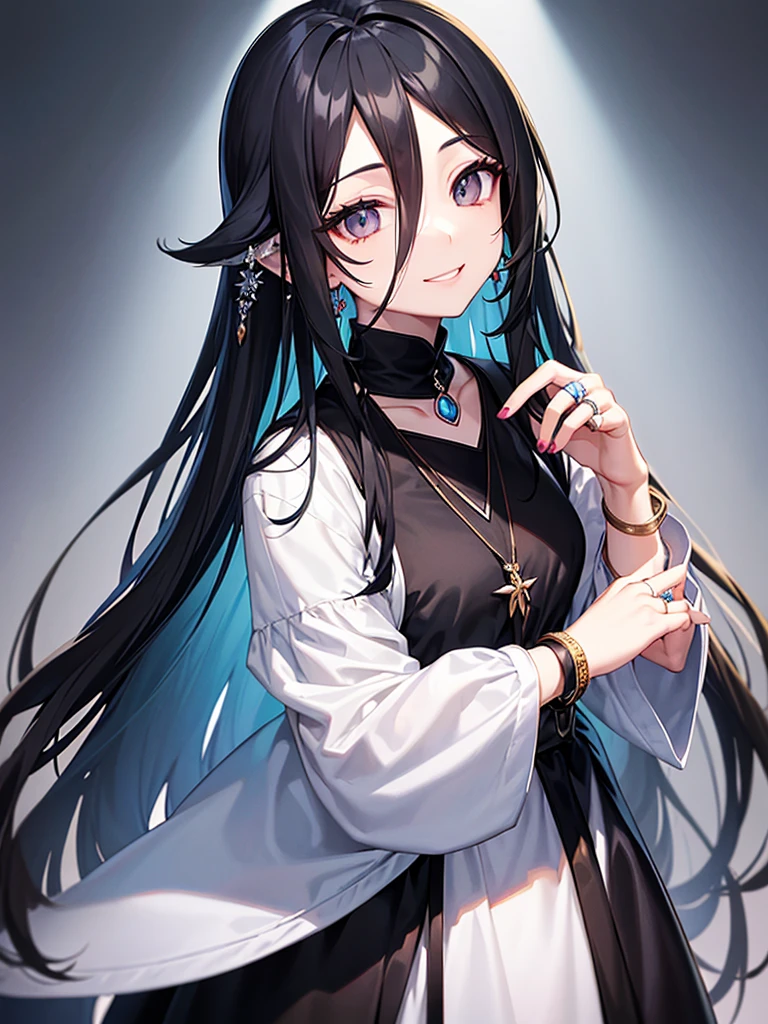 Long black hair、Hairstyle Half Up、black eye、woman、Face close-up、smile、Castle Garden、Pale Blue Dress、Earrings、necklace、bracelet、ring、Decorations、Light