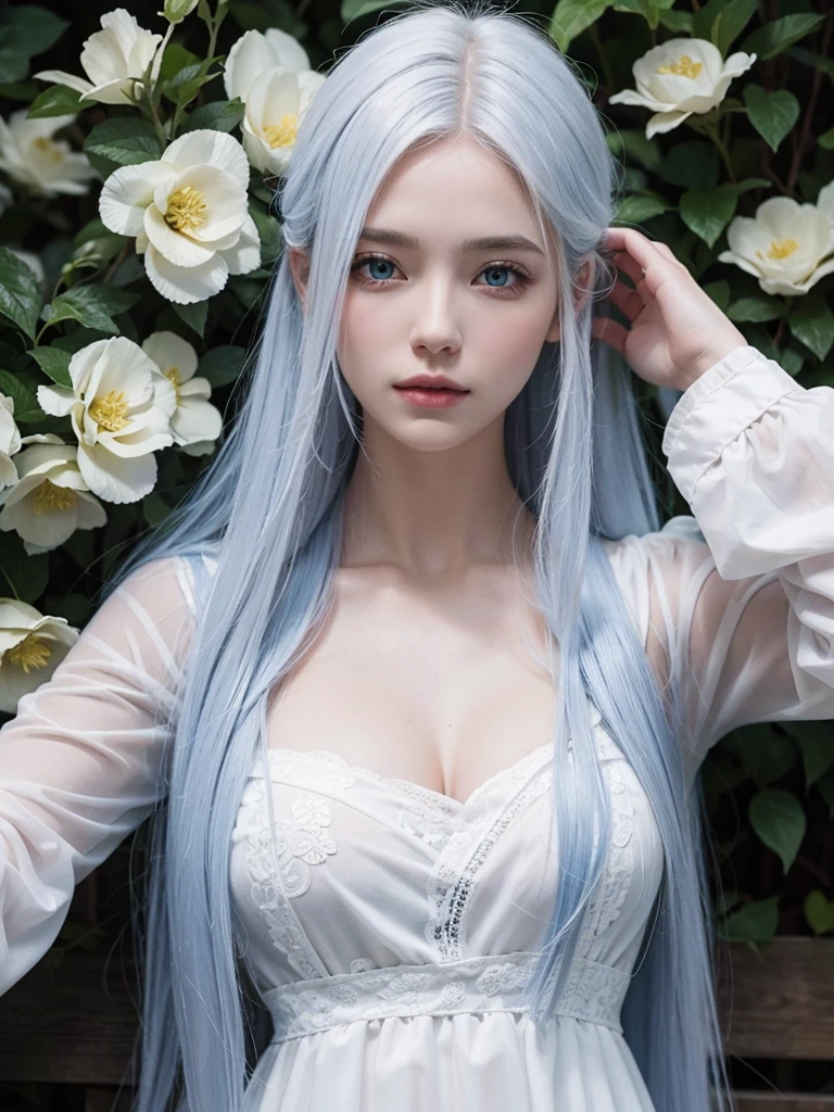Long white hair, blue eyes, serious features, white skin, loose style, in a garden, with flowers , in the forest , killer frost the flash