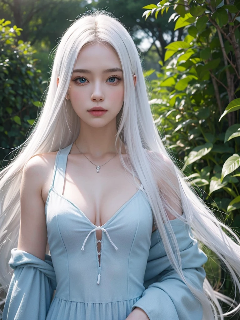 Long white hair, blue eyes, serious features, white skin, loose style, in a garden, with flowers , in the forest , killer frost the flash 