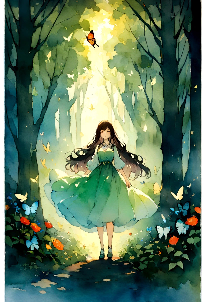 Picturesque scenery,There is a road paved with bright and varied flowers. 这是一片神奇的forest,There are beautiful and petite butterflies, Available in various sizes,Flying around it . The color choice of the cover is vibrant, brightness, Connection with nature,Dusk begins to appear in the background, There is a mysterious and charming atmosphere. There is a beautiful long-haired woman in the woods, Delicate face, And very beautiful. The woman is in the center of the picture,There are many butterflies next to it,Symbolizes transformation. There is a jaguar in the woods; watercolor; expressionistic; animal; forest; quality