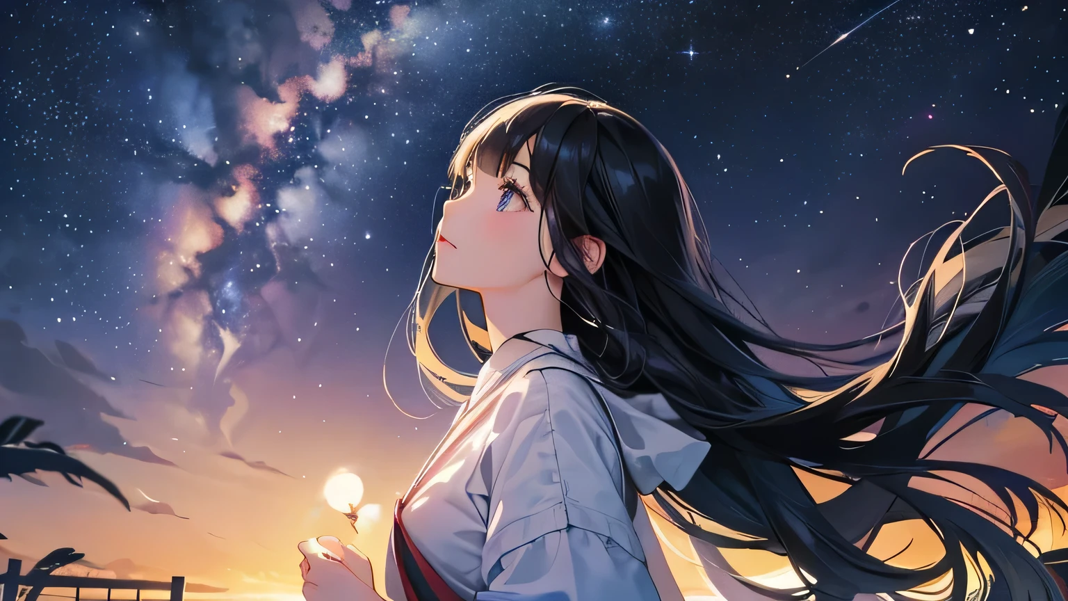 A young woman with long black hair looking up at the Milky Way on the night of Tanabata