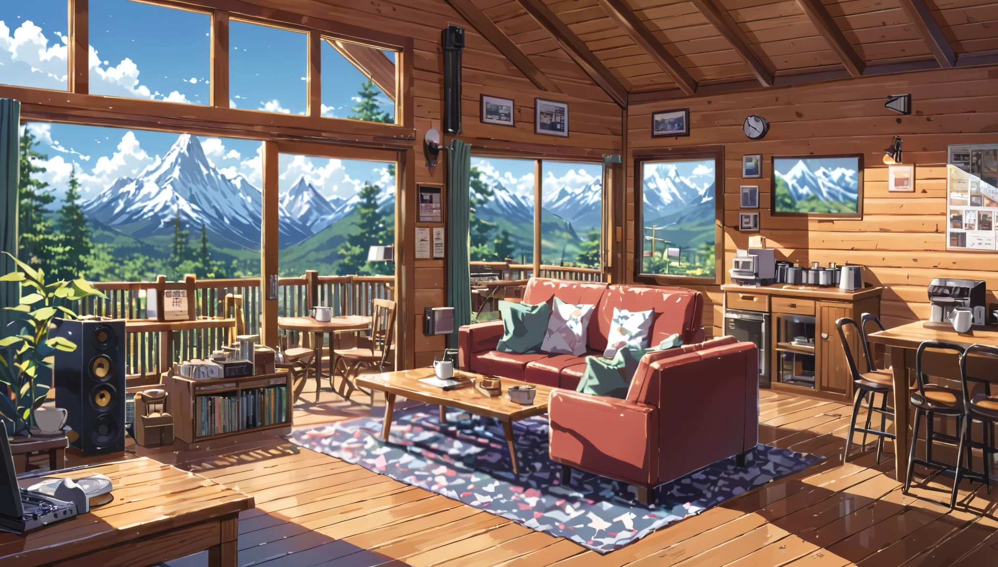 ((anime:1.4,illustration)),(masterpiece, top quality, best quality),(ultra-detailed, absolutely resolution),((16k, high res)), (((mountain cabin, record, sofa, coffee table, cafe))), ((anime:1.4,illustration)),(masterpiece, top quality, best quality),(ultra-detailed, absolutely resolution),((16k, high res)). BREAK {lofi art, style of Laurie Greasley, style of Makoto Shinkai, anime aesthetic}, BREAK { (produces images with information than 40 million pixels with cinematic-like detailed textures shot on a Sony SLR).}