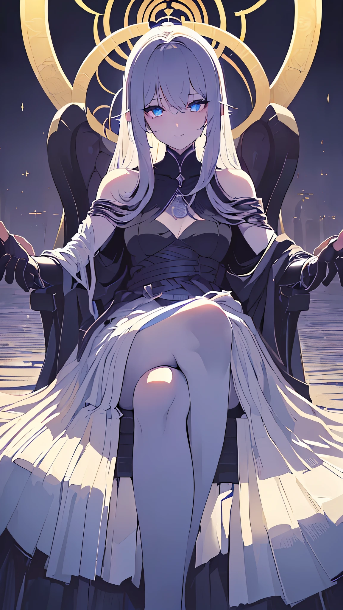 Name: Kumiori
Element: UMBRANOX
Description: The Shadow Watcher, bundled in a long, black cloak woven with magic to manipulate darkness above ingenious schemes, concealing an unnervingly calm intentions.
Prompt: ((((Mestre informed, sinuous lines, hypersharp resolution)))), 1girl, serene, sitting, (sidestitched black hair tied up in intricate knot:1), straight cut, pale complexion, ((glowing eyes: sapphire gray)), (((ultra detailed eyes:0.8, ethereal and mysterious eyes, jade compilation:0.9))), ((3/4 turning, subtle smile, shoulders and upper torso visible)), (((Midnight setting, barrel light nearby, wispy mist rising from forest floor:0.9))), medium breasts, silent contemplation, ((dilated pupils, casually draped left hand)), (((head, upper body visible, half crossed legs beneath traditional leader's chair))),,(chesstring lurking shadow behind her), ((surface-level)), 21 years old,({{ unemblematic }}), (((wiser than her years, regal aura))), ((mordant)), ((( Lowkey mastery or solemn composure ))), (((dark dimensions)))