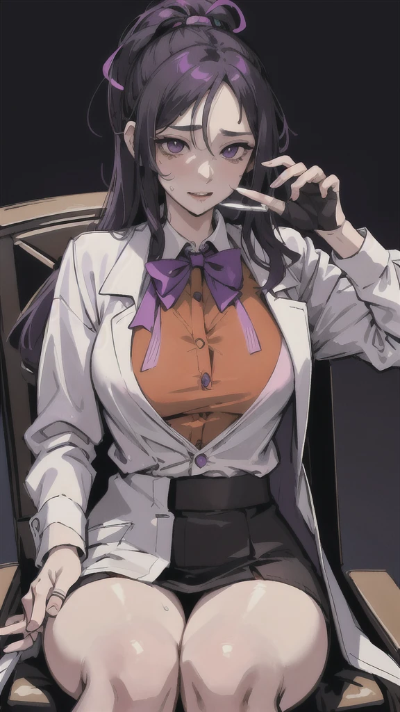 (masterpiece:1.5, best quality), (1lady, solo, upper body:1.2), black hair,purple dip-dye hair , forehead , purple eyes, Swallowtail butterfly head, Shinobu Kocho from “Demon Slayer”, black lab coat, a laboratory in the background, sit down on the chair, looking at the camera, white dress shirt, button-up shirt , shirt with all buttoned all buttons fastened, (ecstasy:1.3) ,(slut:1.2),(vulgarity:1.3),(fucked silly:1.1),(steam:1.1),(wet:0.8),(trembling:0.8),(tears:0.7) ,(drooling:0.6),(sweat:0.8), nsfw ,