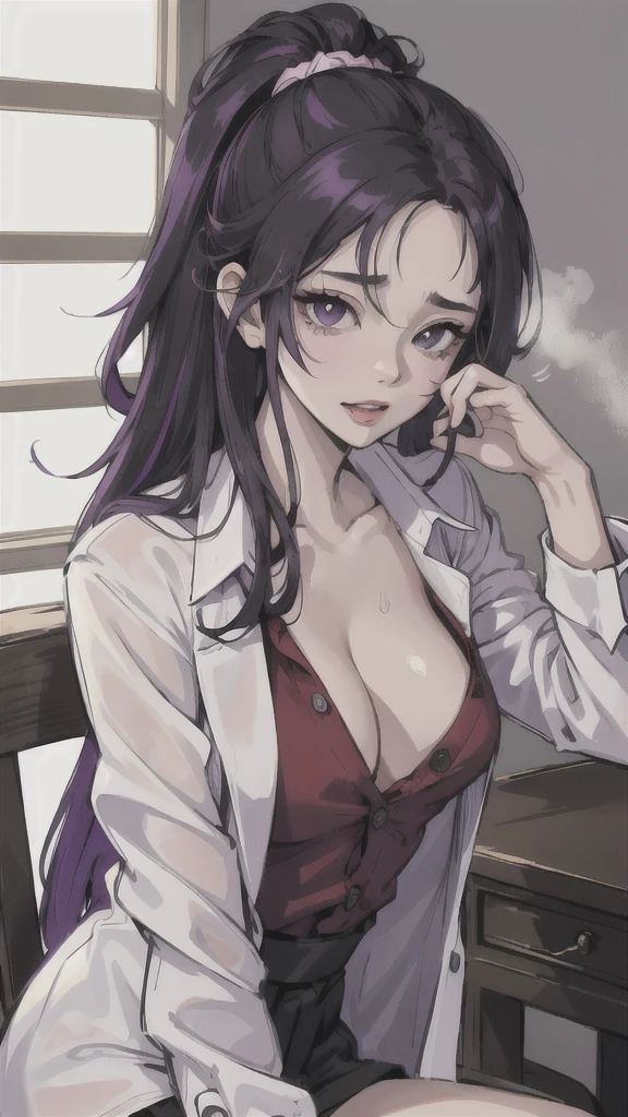 (masterpiece:1.5, best quality), (1lady, solo, upper body:1.2), black hair,purple dip-dye hair , forehead , purple eyes, Swallowtail butterfly head, Shinobu Kocho from “Demon Slayer”, black lab coat, a laboratory in the background, sit down on the chair, looking at the camera, white dress shirt, button-up shirt , shirt with all buttoned all buttons fastened, (ecstasy:1.3) ,(slut:1.2),(vulgarity:1.3),(fucked silly:1.1),(steam:1.1),(wet:0.8),(trembling:0.8),(tears:0.7) ,(drooling:0.6),(sweat:0.8), nsfw ,