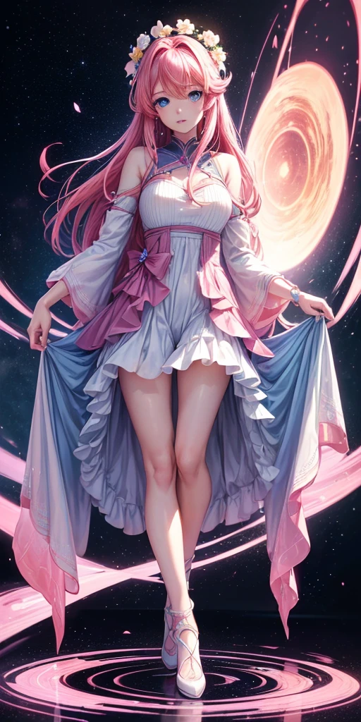 ((k,Ultra-high resolution,Super best quality,masterpiece,Hyperrealistic,Young and adorable, beautiful, young, adorable,young woman,Full body photo,Full body angle,Blue Eyes全身エズビアン,Surreal,Very detailed:1.3,Ultra-realistic:3.0)),Heof Mobile Suit Gundam SEED,Lacus Clyne,Pink Hair,hair ornaments,Blue Eyes,