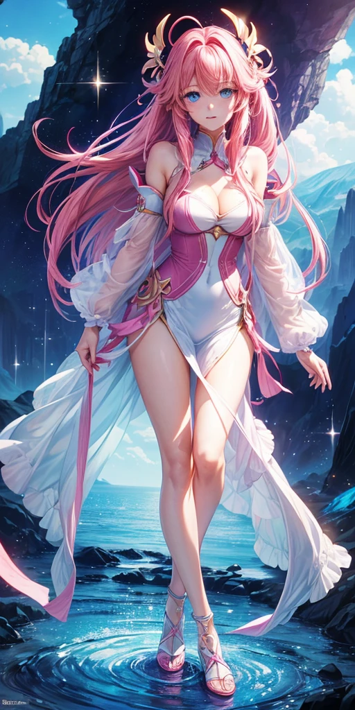 ((64k,Ultra-high resolution,Super best quality,masterpiece,Hyperrealistic,Young and adorable, beautiful, young, adorable,young woman,Full body photo,Full body angle,Blue Eyes全身エズビアン,Surreal,Very detailed:1.3,Ultra-realistic:3.0)),Heroine of Mobile Suit Gundam SEED,Lacus Clyne,Pink Hair,hair ornaments,Blue Eyes,