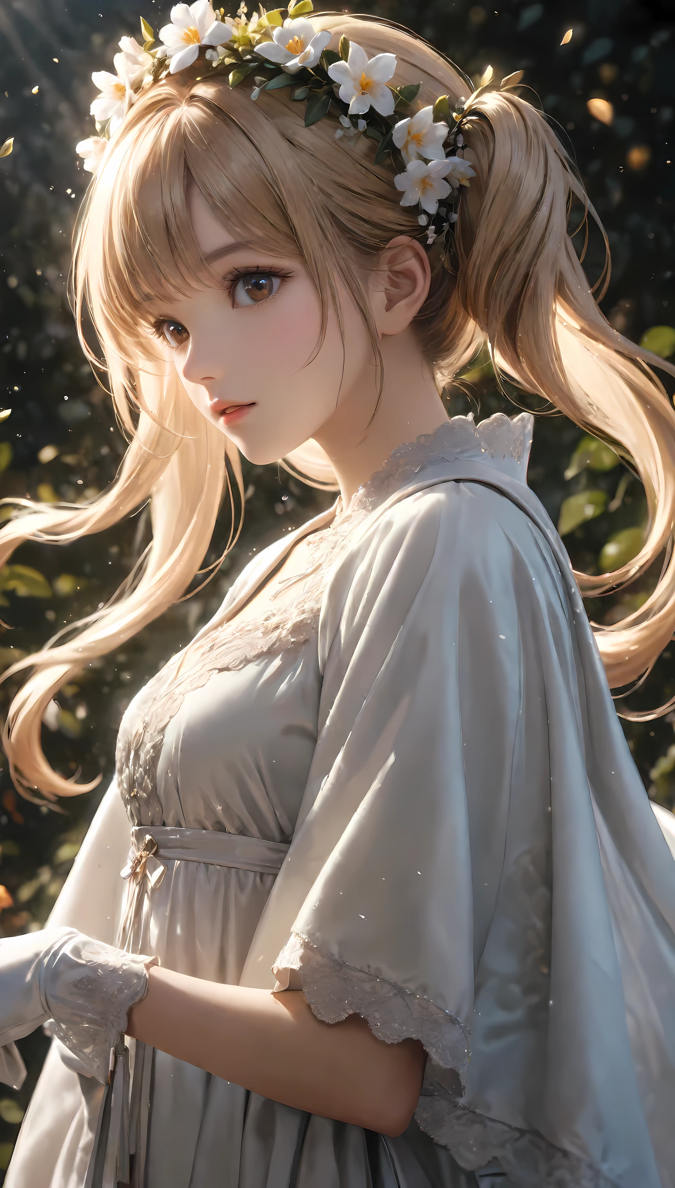 ((Masterpiece in maximum 16K resolution):1.6),((soft_color_photograpy:)1.5), ((Ultra-Detailed):1.4),((Movie-like still images and dynamic angles):1.3). | (cinematic photo of beautiful female with twin tail hairstyle), (pretty blonde hair), (beautiful female with fancy hand gloves), (focus on the twin tail hairstyle), (cinematic style), (maiden robe), (flower crown), (serene atmosphere), (shimmer), (aesthetic background), (visual experience),(Realism), (Realistic),award-winning graphics, dark shot, film grain, extremely detailed, Digital Art, rtx, Unreal Engine, scene concept anti glare effect, All captured with sharp focus. | Rendered in ultra-high definition with UHD and retina quality, this masterpiece ensures anatomical correctness and textured skin with super detail. With a focus on high quality and accuracy, this award-winning portrayal captures every nuance in stunning 16k resolution, immersing viewers in its lifelike depiction. | ((perfect_composition, perfect_design, perfect_layout, perfect_detail, ultra_detailed)), ((enhance_all, fix_everything)), More Detail, Enhance.