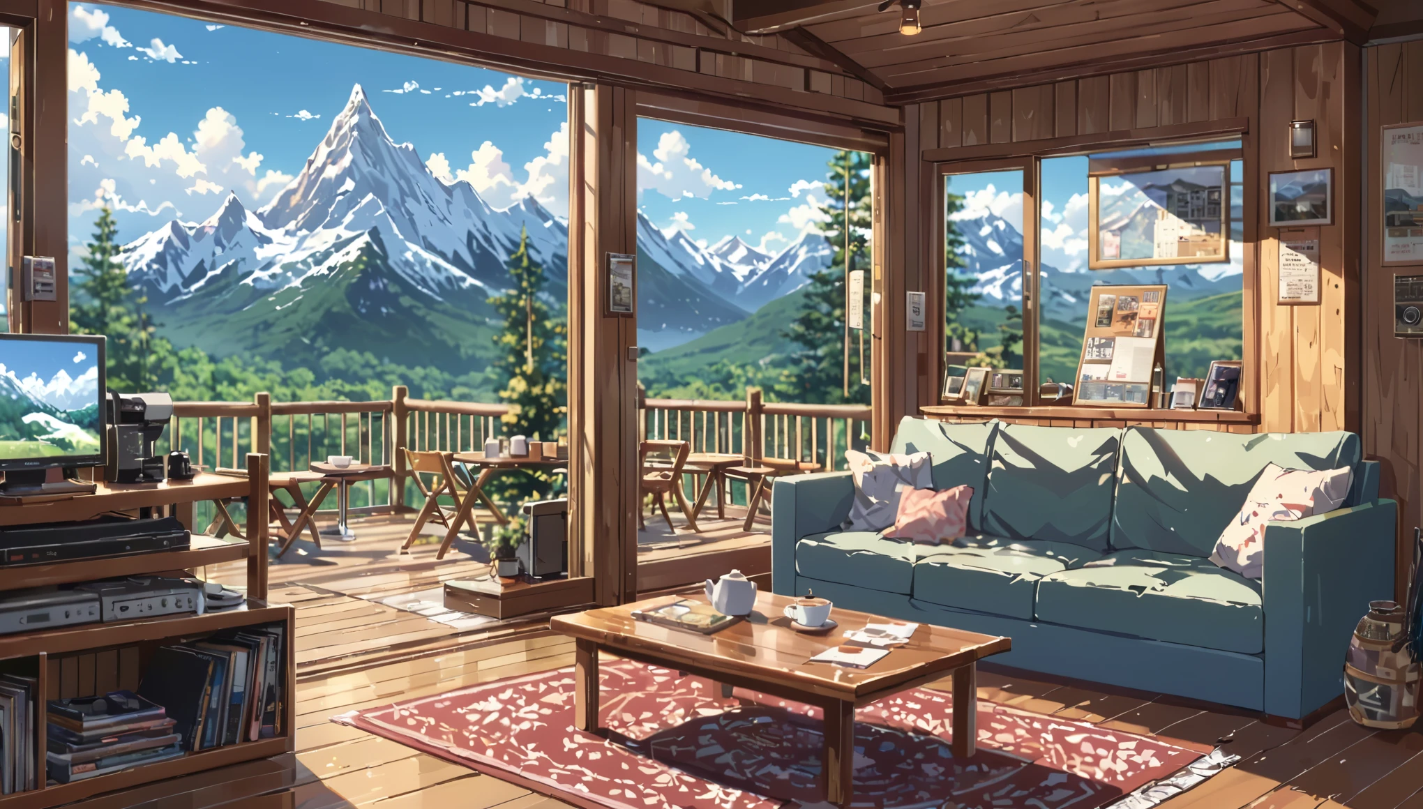 ((anime:1.4,illustration)),(masterpiece, top quality, best quality),(ultra-detailed, absolutely resolution),((16k, high res)), (((mountain cabin, record, sofa, coffee table, cafe))), ((anime:1.4,illustration)),(masterpiece, top quality, best quality),(ultra-detailed, absolutely resolution),((16k, high res)). BREAK {lofi art, style of Laurie Greasley, style of Makoto Shinkai, anime aesthetic}, BREAK { (produces images with information than 40 million pixels with cinematic-like detailed textures shot on a Sony SLR).}