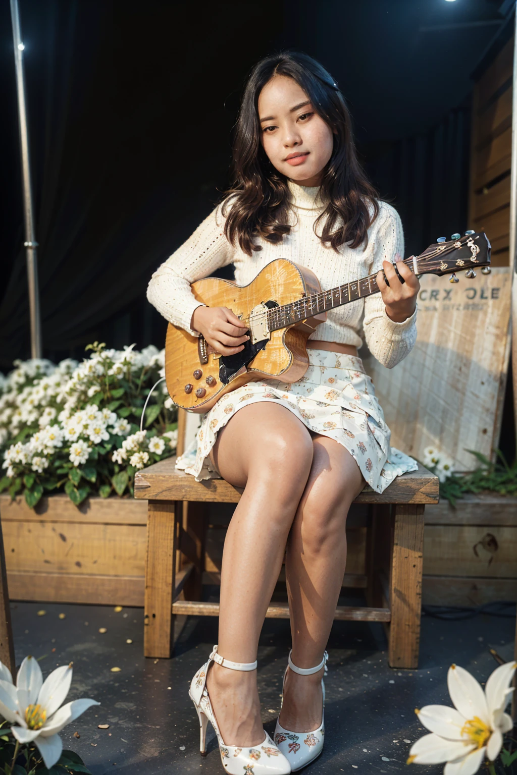 masterpiece, best quality, ultra detailed, high resolution, 1 girl, ((pretty lady MoonLay)), Burmese girl, ((pretty lady MoonLay's seductive sweet face with sweet smile:1.2)), ((playing guitar:1.5)), ((singing with confident)), electric guitar, ((stage background:1.5)), golden hour setting, 8k, (black sweater turtleneck tight blouse), (((many white flowers pattern printed on black mini tight skirt:1.2))), (sitting and elegantly cross-legged:1.2), (stiletto high heel), ((full body view:1.5)), (vibrant HDR lighting),