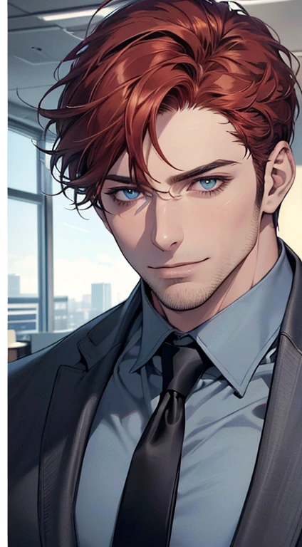 (best quality,4k,8k,highres,masterpiece:1.2),ultra-detailed,(realistic,photorealistic,photo-realistic:1.37),1 man,31 years old,mature man,very handsome,without expression,smile,short red hair,blue eyes,penetrating gaze,perfect face without errors,imposing posture,businessman,office background,cinematic lighting,hdr image
