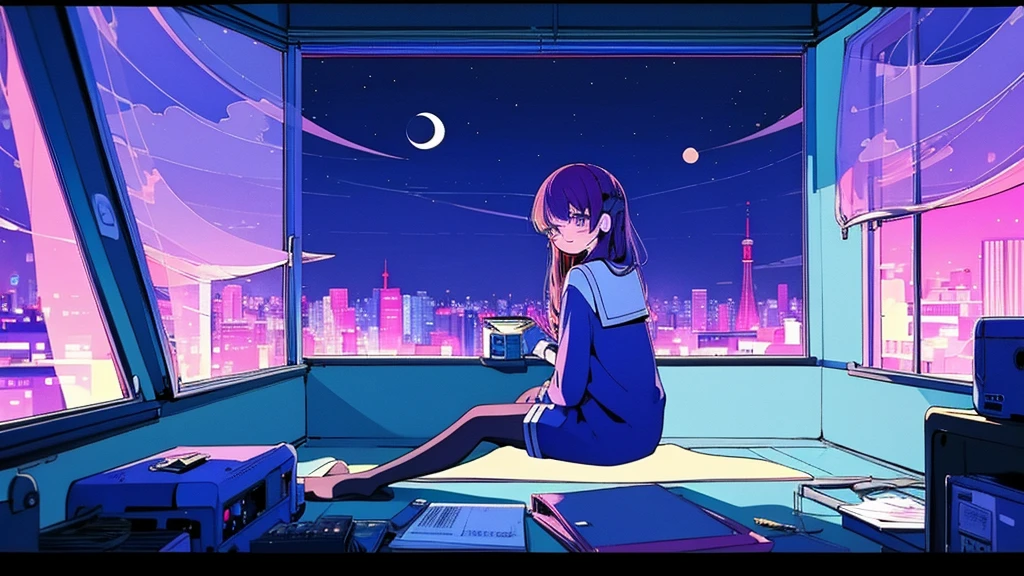 (from behind), Anime girl sitting in front of a computer in a cozy bedroom, Girl listening to music while studying in a cozy room (night), Using headphones, on the roof, (beautiful night views from windows), lots of things, 2D anime style, The aesthetics of anime in the 90s, lo-fi, long hair, very detailed, Hard disk, A mix of anime style and Fujifilm, surreal, 8K, masterpiece, violet eyes,black gloves, round glasses, long sleeves,violet hair, round glasses, Flat Chest, smile, pantyhose