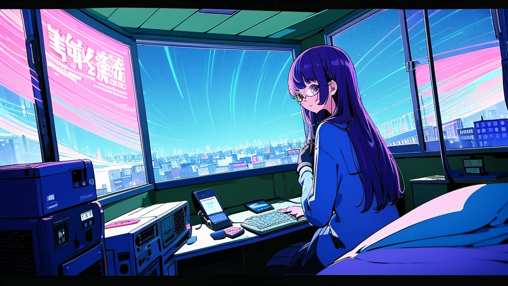 (from behind), Anime girl sitting in front of a computer in a cozy bedroom, Girl listening to music while studying in a cozy room (night), Using headphones, on the roof, (beautiful night views from windows), lots of things, 2D anime style, The aesthetics of anime in the 90s, lo-fi, long hair, very detailed, Hard disk, A mix of anime style and Fujifilm, surreal, 8K, masterpiece, violet eyes,black gloves, round glasses, long sleeves,violet hair, round glasses, Flat Chest, smile, pantyhose