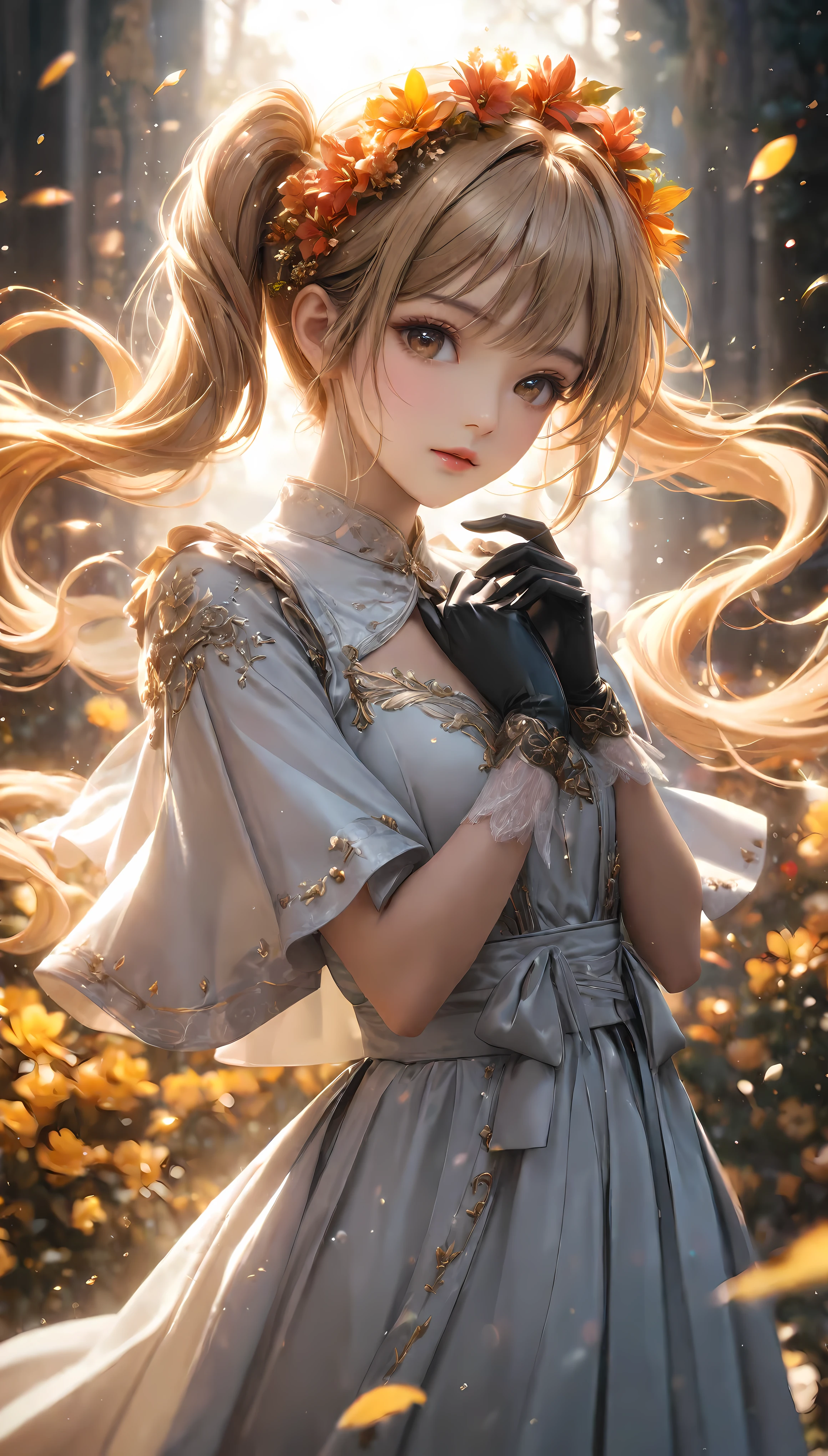 ((Masterpiece in maximum 16K resolution):1.6),((soft_color_photograpy:)1.5), ((Ultra-Detailed):1.4),((Movie-like still images and dynamic angles):1.3). | (cinematic photo of beautiful female with twin tail hairstyle), (pretty blonde hair), (beautiful female with fancy hand gloves), (focus on the twin tail hairstyle), (cinematic style), (maiden robe), (flower crown), (serene atmosphere), (shimmer), (aesthetic background), (visual experience),(Realism), (Realistic),award-winning graphics, dark shot, film grain, extremely detailed, Digital Art, rtx, Unreal Engine, scene concept anti glare effect, All captured with sharp focus. | Rendered in ultra-high definition with UHD and retina quality, this masterpiece ensures anatomical correctness and textured skin with super detail. With a focus on high quality and accuracy, this award-winning portrayal captures every nuance in stunning 16k resolution, immersing viewers in its lifelike depiction. | ((perfect_composition, perfect_design, perfect_layout, perfect_detail, ultra_detailed)), ((enhance_all, fix_everything)), More Detail, Enhance.