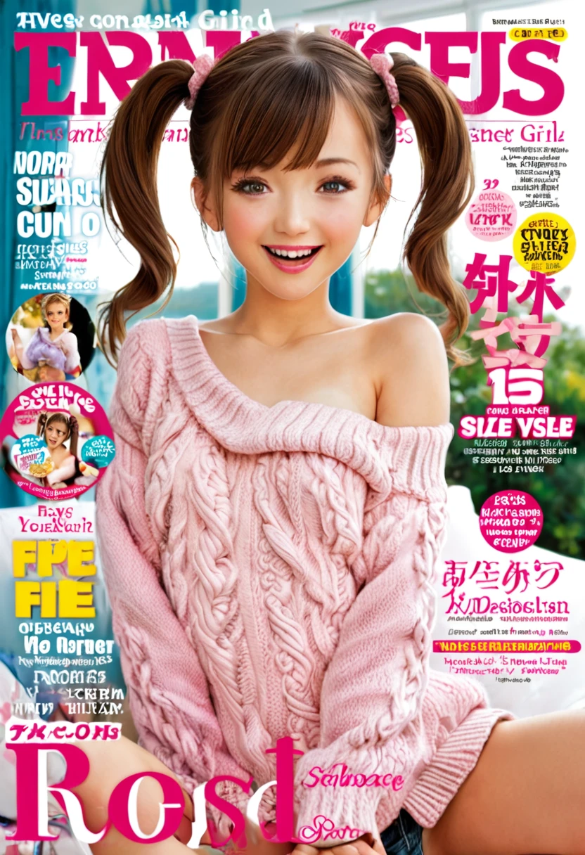 Magazine cover,Twin Tails,Beautiful (Wear an off-shoulder sweater),,(Smooth skin),E7E48U,excited,Small Breasts