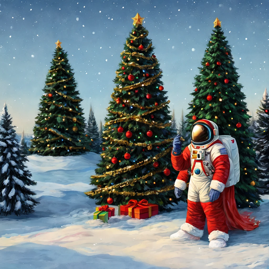 Create an astronaut in a winter landscape with Christmas trees