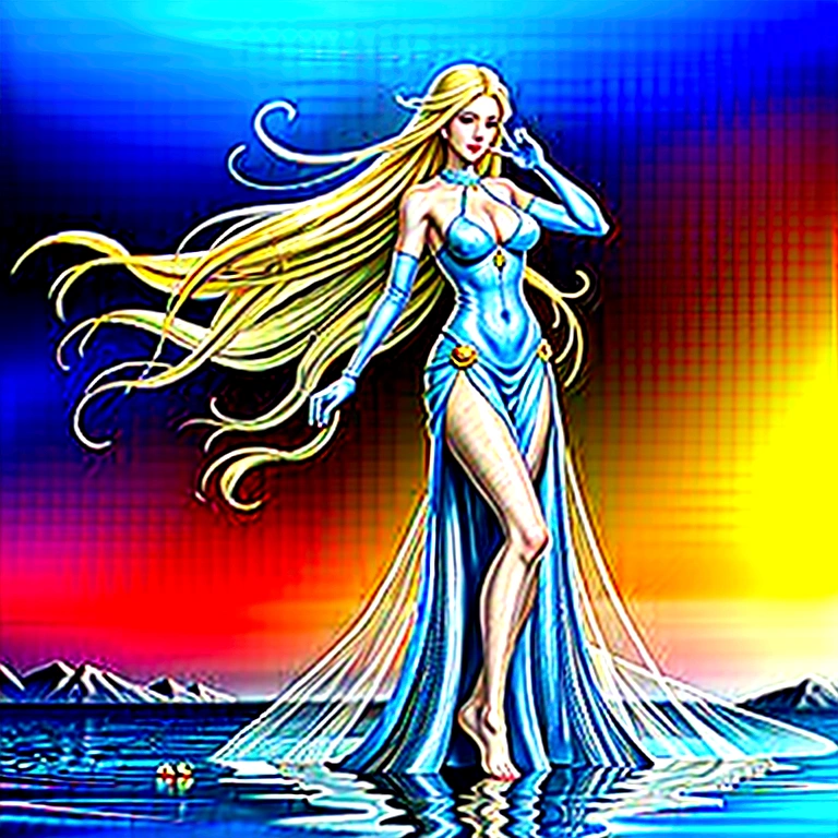 a beautiful angelic goddess, porcelain skin, flowing golden hair, piercing blue eyes, delicate facial features, serene expression, elegant flowing dress, ethereal aura, divine light, shimmering heavenly background, detailed intricate patterns, masterpiece, best quality, 8k, ultra-detailed, photorealistic