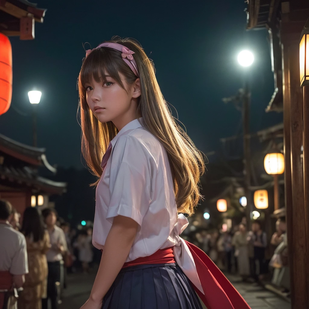 (((masterpiece: 1.5, Highest quality, High resolution: 1.3, Super Resolution, Super detailed, Super detailed: 1.3, Rich background: 1.2))), 1 Girl, alone, Green Eyes, Long pink hair with a blue ribbon, Blunt bangs, Cute hairpin, , White Seraphon, Red Sailor Collar, Short sleeve, Blue pleated skirt, (Outdoor), ((Downtown), (crowd), ((Japanese atmosphere: 1.3)), landscape, ((night)), darkness, (Low Light: 1.1), moon, (moonlight: 1.2), ((Dynamic Light: 1.4)), ((Head close-up))))))