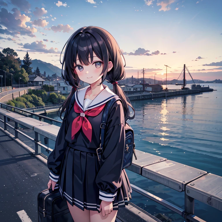 One girl is standing, Smiling, Tilted head,
low twintails, low pigtails, Long black hair, Navy blue sailor suit and blue ribbon, Long sleeves, Dark brown eyes, School bag on left shoulder,
from the front, From a little above,
downhill, Diagonal road, One straight road, Stylish residential area, Electric pole, White line on the road,
Distant urban cityscape, The sea in the distance, Port Crane, Overlooking the hill, Spectacular views, afternoon, Blue and orange sky, anime, bright,
(best quality, ultra detailed, masterpiece:1.4), FHD,