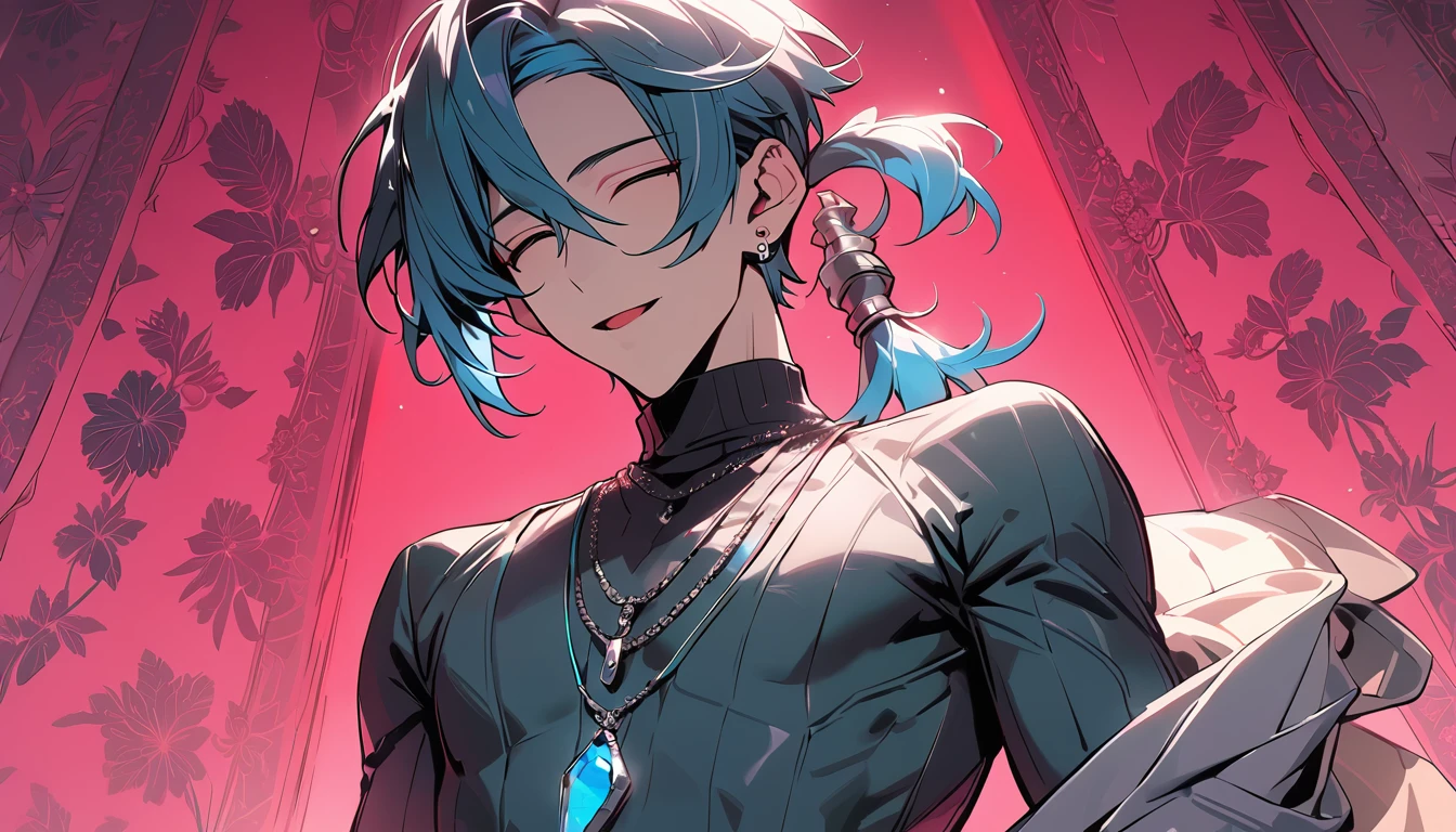 ((((best masterpiece, best quality, wallpaper,)))) solo, guy, male body, small muscles, flat chest, 1male, 30 years old, handsome man, dramatic angle, upper body, looking at viewers, beautiful detailed, seductive smile, mediumturquoise hair, ((((Lower short ponytail)))), asymmetrical bangs, ((short hair,)) ((( closed eyes, ^o^, tareme, droopy eyes,))) (((perfect face, extremely detailed eyes,))) perfect hands, sharp nose, clear face, black turtleneck, grey cardigan, ((silver piercing, pendant,)) leggings, pink background color ultrasharp, 8K, masterpiece,