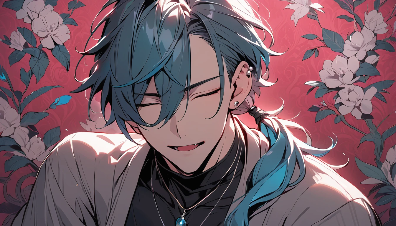 ((((best masterpiece, best quality, wallpaper,)))) solo, guy, male body, small muscles, flat chest, 1male, 30 years old, handsome man, dramatic angle, upper body, looking at viewers, beautiful detailed, seductive smile, mediumturquoise hair, ((((Lower short ponytail)))), asymmetrical bangs, ((short hair,)) ((( closed eyes, ^o^, tareme, droopy eyes,))) (((perfect face, extremely detailed eyes,))) perfect hands, sharp nose, clear face, black turtleneck, grey cardigan, ((silver piercing, pendant,)) leggings, pink background color ultrasharp, 8K, masterpiece,