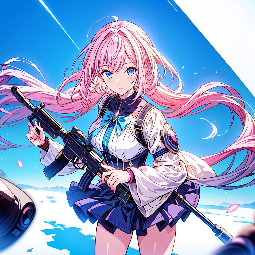 One girl、[17277fbe68],He threatened Hideo.、high quality、Maximum details、(((最high quality、masterpiece、Official Art、Best dynamic composition)))、(Thin Hair)、(Tabletop, 最high quality), Very detailed, Anime Style, whole body, Cyberpunk Girl, Gripping a high-tech rifle, Milky white and pink hair, Sparkling blue eyes, Wearing a magical girl costume , 8K high resolution, Trend Art Station, White Background, Standing in the Wilderness, whole body,