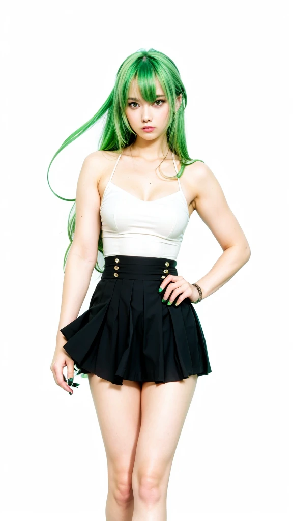 1 girl, long hair, green color hair, black eyes color, white suit, black mini skirt, black shoes, beautiful girl, cool girl, sexy girls, ultra detail, realistic, cosplayer, 80 mn lens