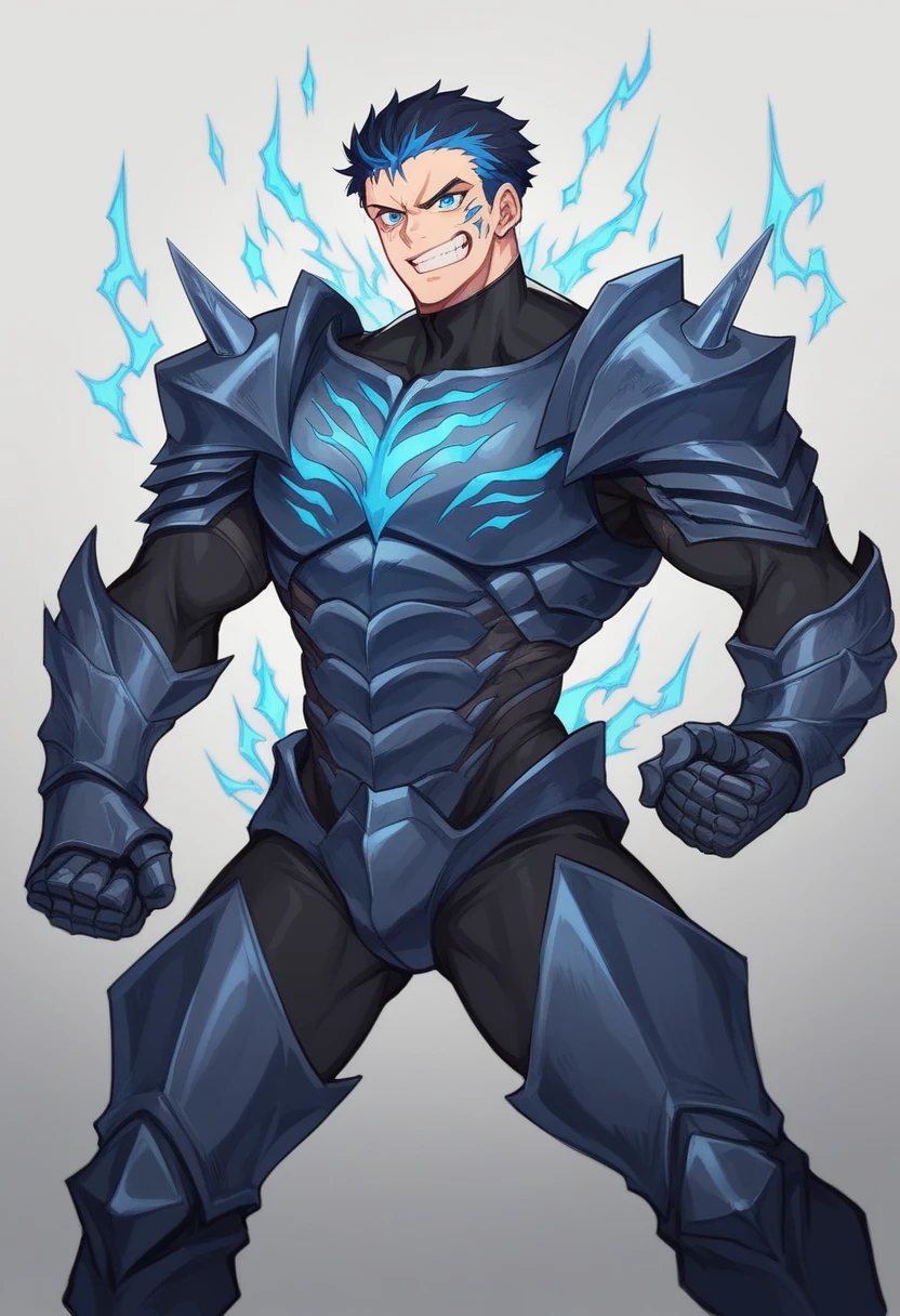 Kaiju No. 8, A striking anime illustration featuring Kafka Hibino in his kaiju form. The character is depicted in a powerful stance, with his entire body covered in a dark, armored exoskeleton. His skeletal face, with a sharp, menacing grin and piercing blue eyes, exudes an aura of intimidation. The armor on his body has glowing blue patterns that run across his chest, arms, and legs, highlighting his muscular physique and adding an otherworldly glow. His right fist is clenched, and his left hand is positioned over his chest, emphasizing his readiness for battle. The intricate details of his armor, including the segmented plates on his legs and the claw-like features on his feet, are clearly visible. The background is a simple white, putting full focus on Kafka's imposing figure and the luminous blue highlights of his kaiju transformation.