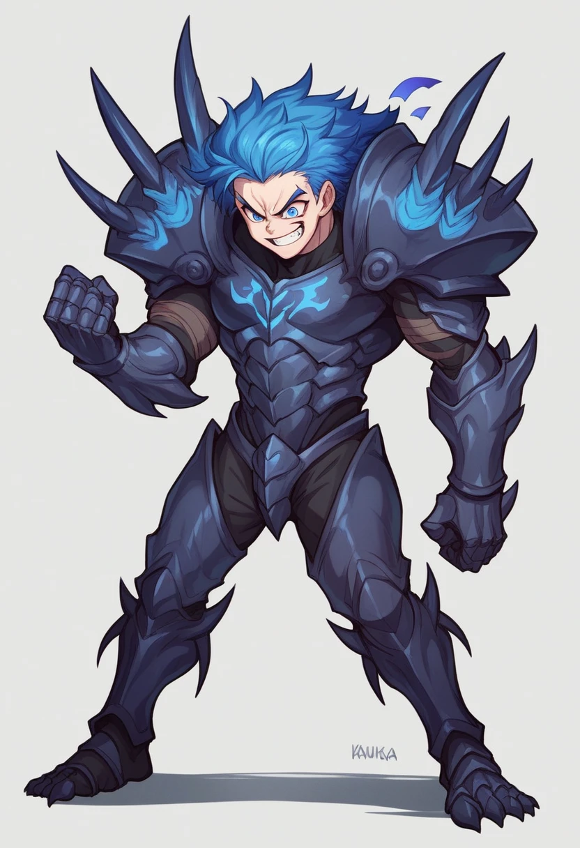 Kaiju No. 8, A striking anime illustration featuring Kafka Hibino in his kaiju form. The character is depicted in a powerful stance, with his entire body covered in a dark, armored exoskeleton. His skeletal face, with a sharp, menacing grin and piercing blue eyes, exudes an aura of intimidation. The armor on his body has glowing blue patterns that run across his chest, arms, and legs, highlighting his muscular physique and adding an otherworldly glow. His right fist is clenched, and his left hand is positioned over his chest, emphasizing his readiness for battle. The intricate details of his armor, including the segmented plates on his legs and the claw-like features on his feet, are clearly visible. The background is a simple white, putting full focus on Kafka's imposing figure and the luminous blue highlights of his kaiju transformation.