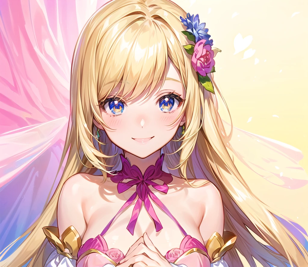 Anime girl with blonde hair and a pink dress posing for the camera, My Dress Up Darling Anime, Shirabii, , Smiling like a fairy queen, Anime Goddess, A juicy peach that looks like a human, shikamimi, Cute anime waifu in a nice dress, I also make fan art, Anime Moe Art Style, Cute realistic portrait, Holding a bouquet、happy