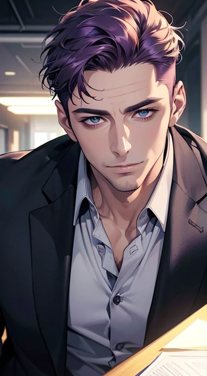 (best quality,4k,8k,highres,masterpiece:1.2),ultra-detailed,(realistic,photorealistic,photo-realistic:1.37),1 man,31 years old,mature man,very handsome,without expression,smile,short purple hair,blue eyes,penetrating gaze,perfect face without errors,imposing posture,businessman,office background,cinematic lighting,hdr image