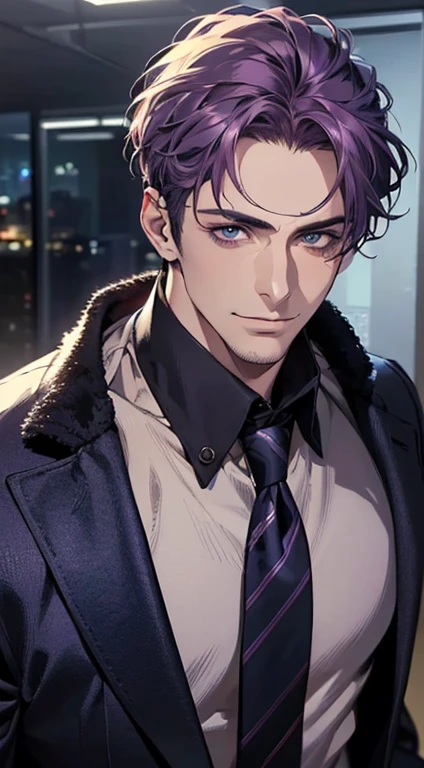 (best quality,4k,8k,highres,masterpiece:1.2),ultra-detailed,(realistic,photorealistic,photo-realistic:1.37),1 man,31 years old,mature man,very handsome,without expression,smile,short purple hair,blue eyes,penetrating gaze,perfect face without errors,imposing posture,businessman,office background,cinematic lighting,hdr image